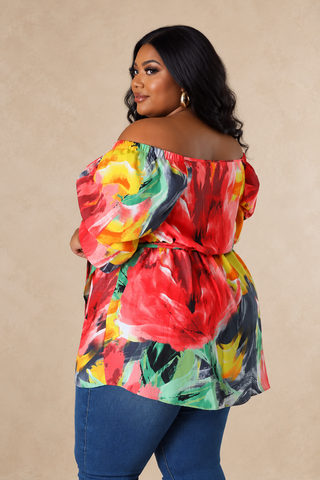 Plus Size Sunset Bloom Multicolor Floral Off-Shoulder Top