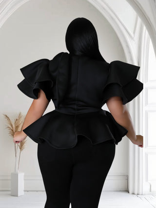 Black Ruffle Mock Neck Peplum Top