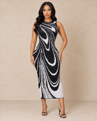 No Cap Black & White Abstract Bodycon Maxi Dress