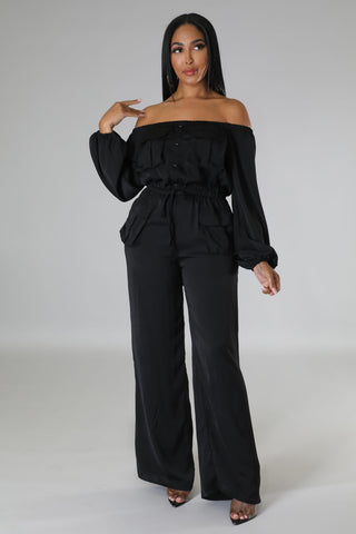Midnight Elegance Off-Shoulder Cargo Jumpsuit