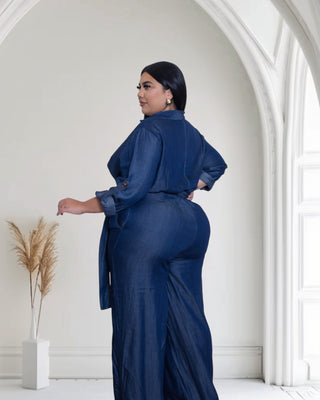 Crossover Front Tie-Waist Denim Wide leg Jumpsuit