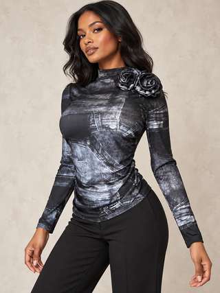 Denim-Print Ruched Top with Floral Brooches