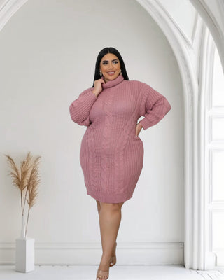 Stylish Plus Size Pink Turtleneck Sweater Dress