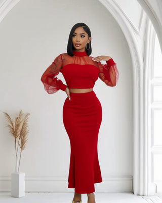 Scarlet Elegance Mesh Two-Piece Skirt Set