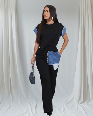 Urban Edge Denim Accent Two-Piece Set | Black & Blue