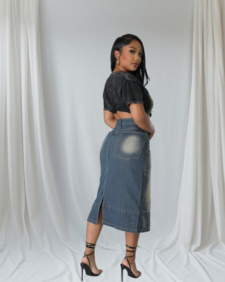 Vintage Wash Denim Midi Skirt