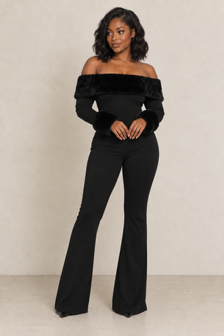 Black Off-Shoulder Fur Trim Wide-Leg Jumpsuit – alternate view 2