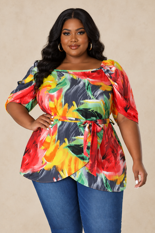 Plus Size Sunset Bloom Multicolor Floral Off-Shoulder Top