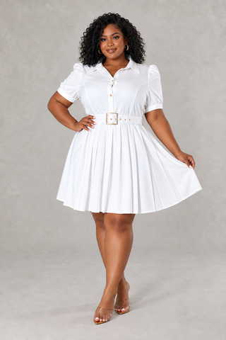The Polished White Pleated Belted Mini Dress