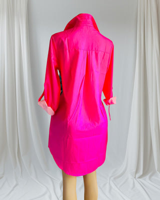 Vibrant Pink Graphic Button-Up Shirt Dress