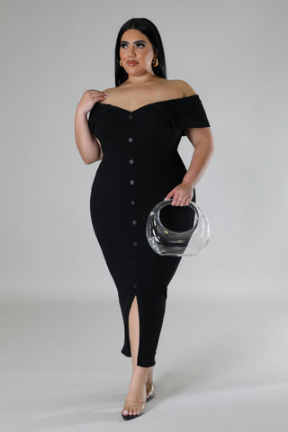 Black Plus size off-shoulder straight neckline maxi dress with buttons