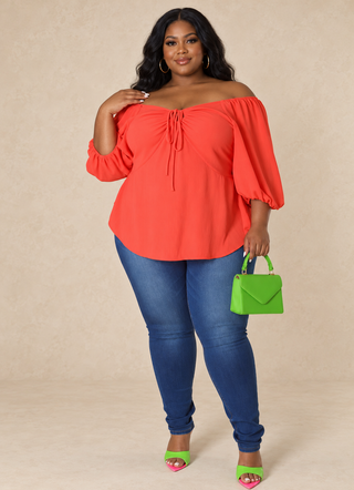Plus Size Coral Crush Off-Shoulder Tie-Back Blouse