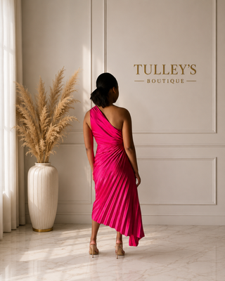 One-Shoulder Pink Pleated Maxi Dress