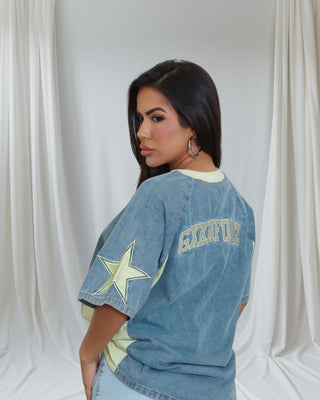 Varsity Vibes Denim Jersey | Petite-Fit V-Neck
