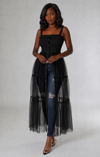 Styled front view of women’s sheer tiered longline top with square neckline and button-front detailing