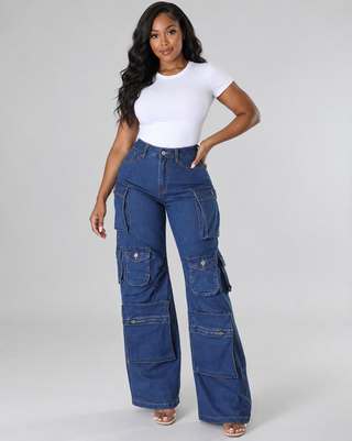 Front view of model wearing Boss Move high-waisted cargo wide-leg denim jeans with multiple flap pockets and a white fitted tee