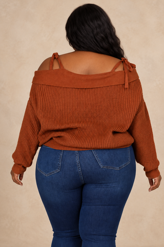 Plus Size Camel Off Shoulder Button Front Knit Top