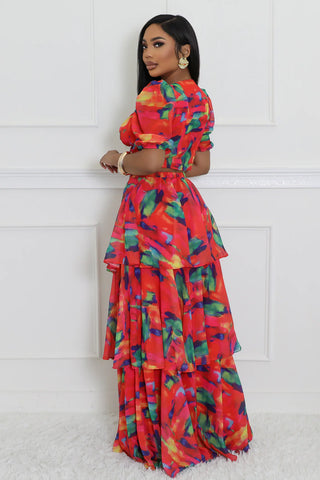 Back view colorful abstract print ruffle maxi skirt set two piece