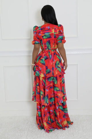 Back view colorful abstract print ruffle maxi skirt set two piece