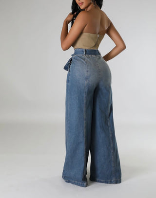 Back view of high-waisted wide leg jeans with pockets