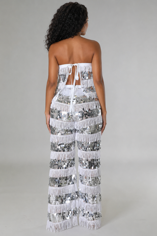  Back view of silver sequin fringe two-piece set showing the tie-string open-back top