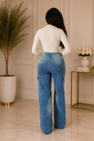  Back view of women’s high-waisted oversized wide-leg cargo jeans
