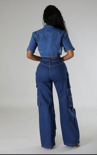 Boutique fashion cargo denim jeans with multiple flap pockets