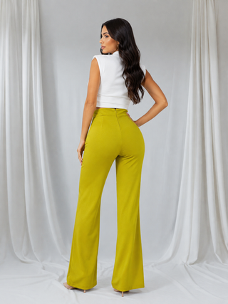   Back view of women’s lime green wide-leg pants with long 32-inch inseam
