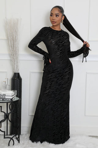 Black long sleeve open back maxi dress for women