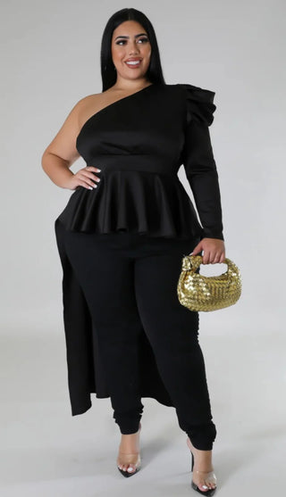 Black one shoulder peplum top with dramatic high low back detail