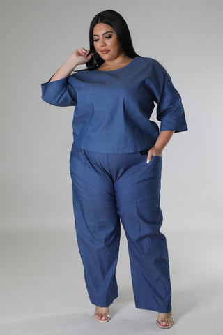 Plus size denim wide leg pants set for women