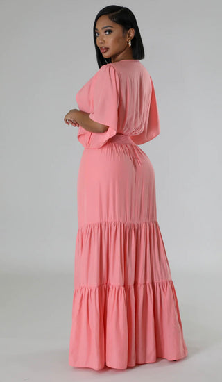Church and brunch blush pink maxi dress with tiered hem and soft stretch fit