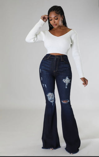 Midnight Curve Dark Wash Distressed Flare Jeans – alternate view 1