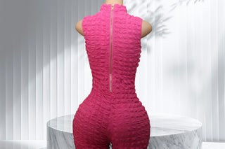 Bubble Texture Sleeveless Mock Neck Jumpsuit – Hot Pink