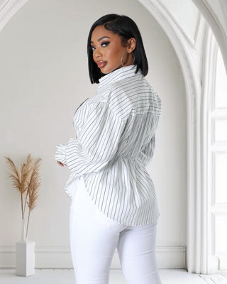 Denim Accent White Pinstripe Blouse