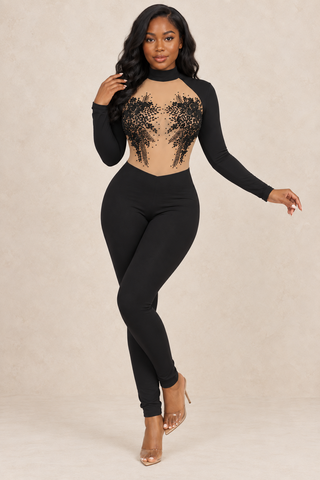 Black Lace Mesh Illusion Bodysuit Jumpsuit from Tulley's Boutique