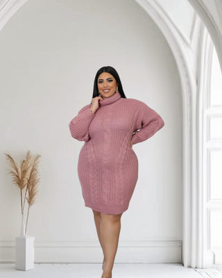 Stylish Plus Size Pink Turtleneck Sweater Dress