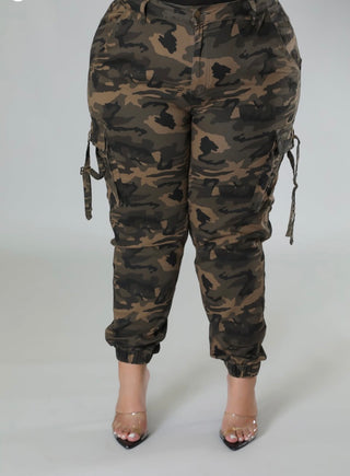 Model wearing the Baddie in Camo Plus Size Cargo Jogger Pants