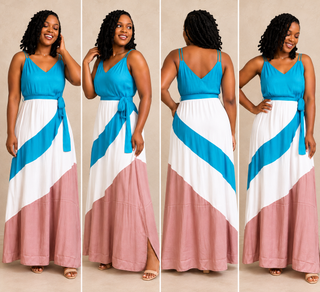 Color Block Maxi Dress in Aqua and Sand