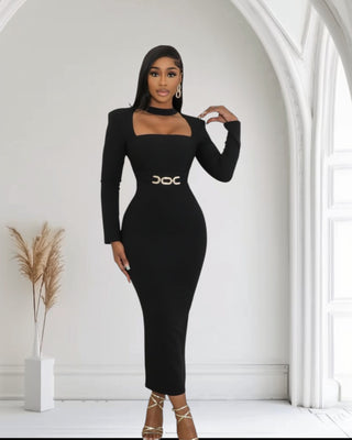 Chic black dress with square neckline, long sleeves, and a stylish belt, ideal for elegant occasions.