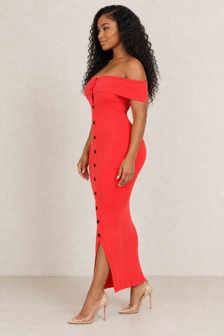 Tomato Flame Off-Shoulder Ribbed Midi