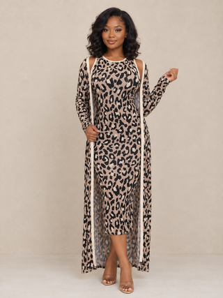 Petite woman wearing leopard print bodycon dress with long open-front cardigan