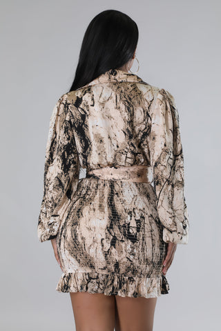 Marble Print Ruched Belted Dress