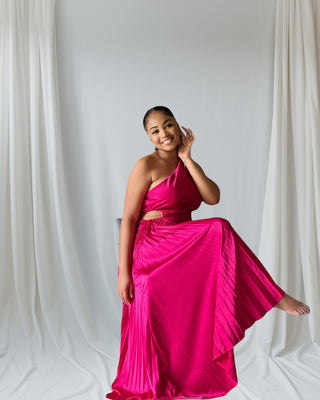 One-Shoulder Pink Pleated Maxi Dress