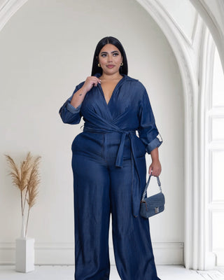 Crossover Front Tie-Waist Denim Wide leg Jumpsuit