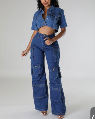 Front view of boutique cargo wide leg denim jeans with utility pockets