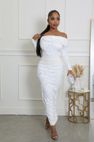 Close view of ivory lace off shoulder bodysuit with elegant neckline