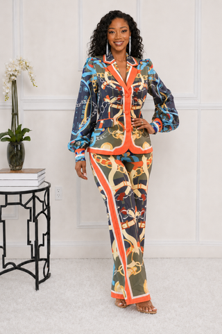  Close view of equestrian chain print, orange trim and buttons on petite blazer