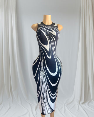 Curve hugging black white maxi dress boutique style