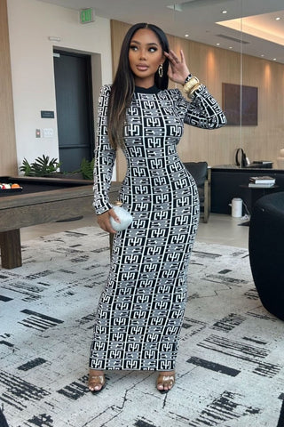 Cozy Matrix Vibes Sweater Dress - Black and White